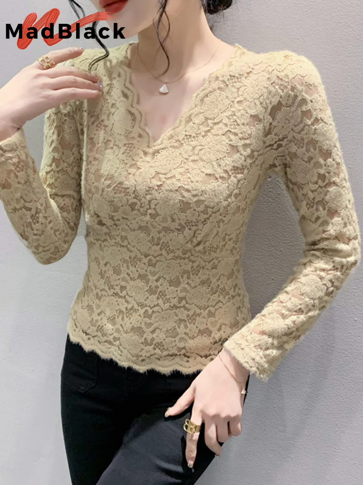 MadBlack Spring Lace Blouses European Clothes V Necks Women Blouse Niche Long Sleeve Outer Wear Workwear Bottoming Tops T33110Z