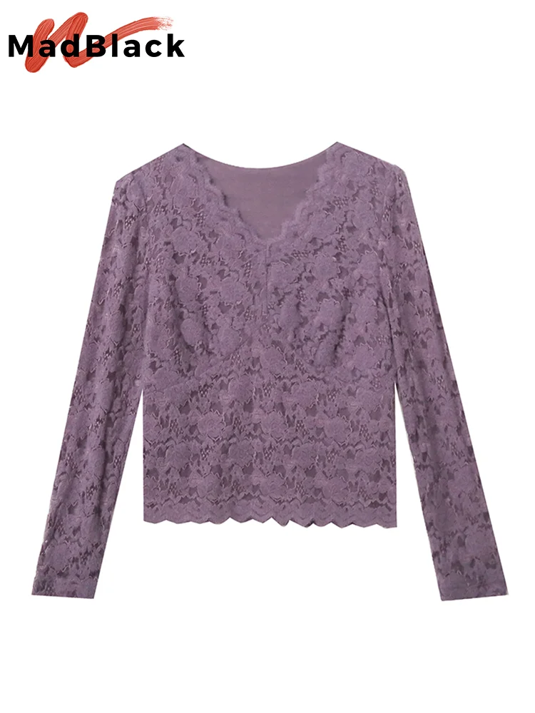 MadBlack Spring Lace Blouses European Clothes V Necks Women Blouse Niche Long Sleeve Outer Wear Workwear Bottoming Tops T33110Z