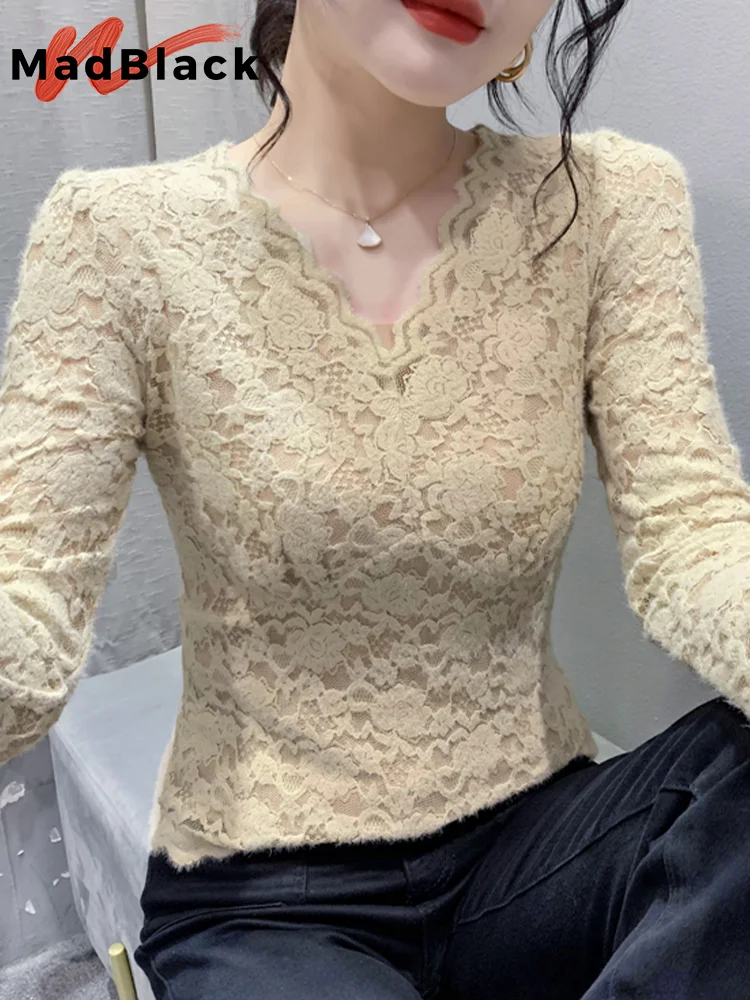 MadBlack Spring Lace Blouses European Clothes V Necks Women Blouse Niche Long Sleeve Outer Wear Workwear Bottoming Tops T33110Z