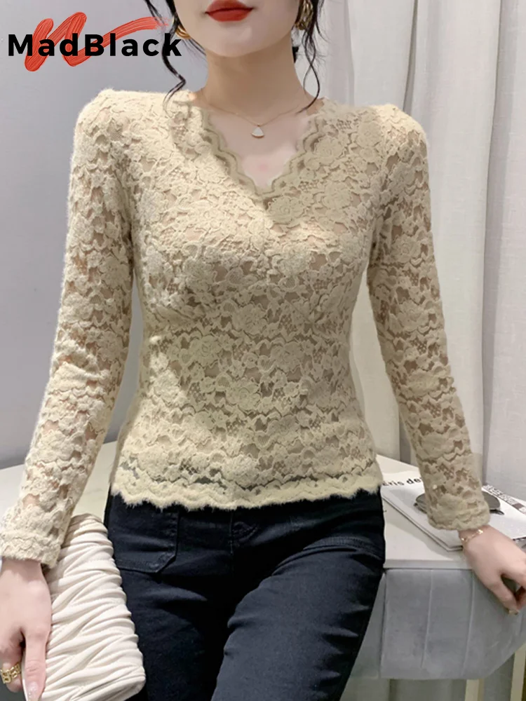 MadBlack Spring Lace Blouses European Clothes V Necks Women Blouse Niche Long Sleeve Outer Wear Workwear Bottoming Tops T33110Z