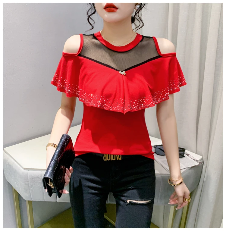 MadBlack Summer European Clothes Round Necks T-Shirts Ladies Sexy Ruffles Hot Drilling Slim Mesh Tops Short Sleeve Tees T34406C