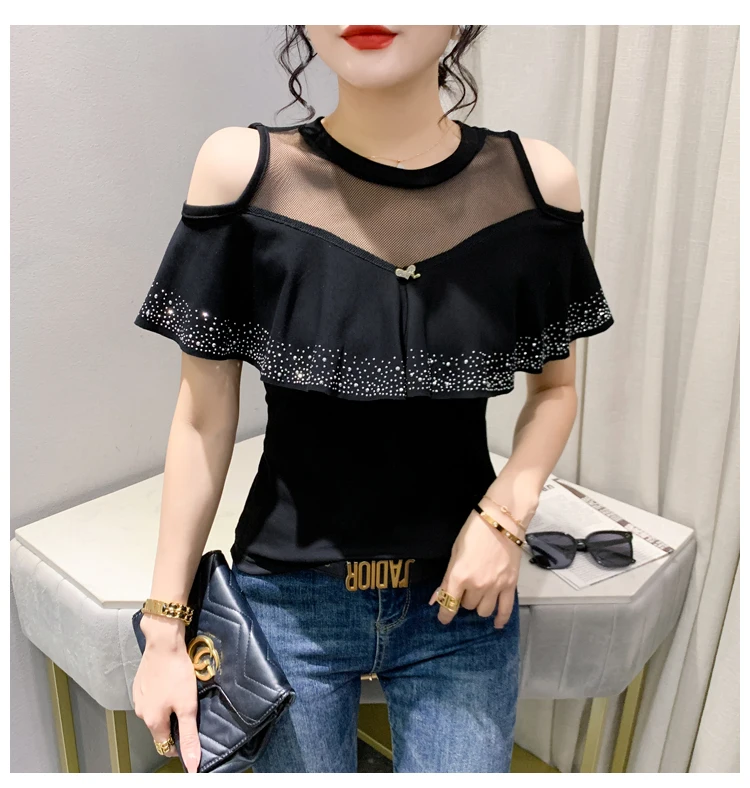 MadBlack Summer European Clothes Round Necks T-Shirts Ladies Sexy Ruffles Hot Drilling Slim Mesh Tops Short Sleeve Tees T34406C