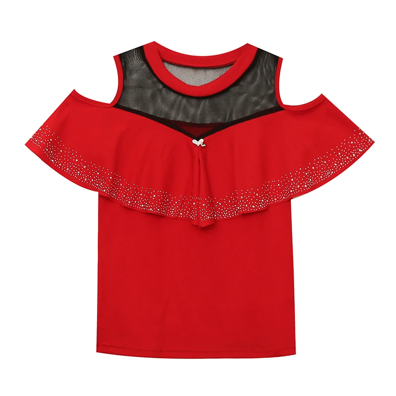 MadBlack Summer European Clothes Round Necks T-Shirts Ladies Sexy Ruffles Hot Drilling Slim Mesh Tops Short Sleeve Tees T34406C