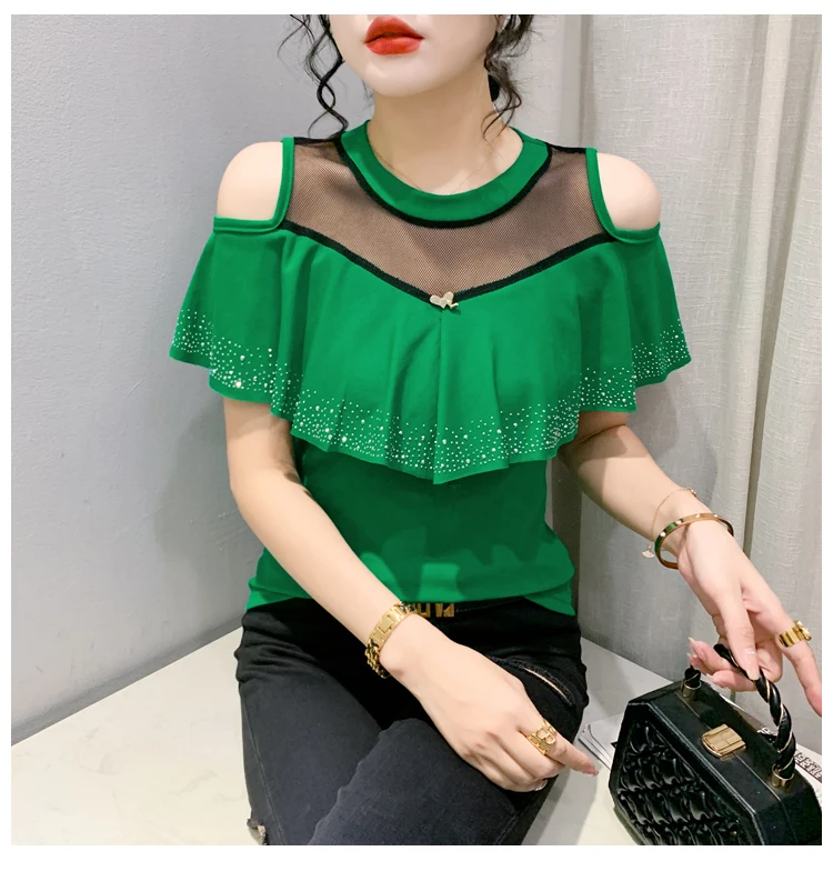 MadBlack Summer European Clothes Round Necks T-Shirts Ladies Sexy Ruffles Hot Drilling Slim Mesh Tops Short Sleeve Tees T34406C