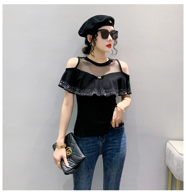 MadBlack Summer European Clothes Round Necks T-Shirts Ladies Sexy Ruffles Hot Drilling Slim Mesh Tops Short Sleeve Tees T34406C