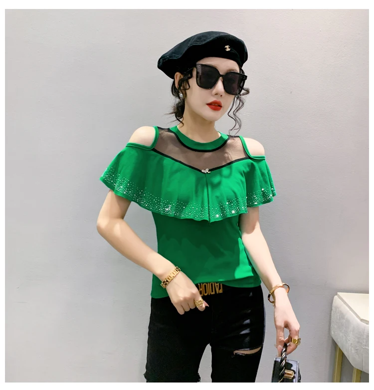 MadBlack Summer European Clothes Round Necks T-Shirts Ladies Sexy Ruffles Hot Drilling Slim Mesh Tops Short Sleeve Tees T34406C
