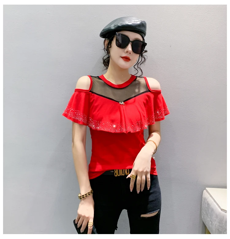 MadBlack Summer European Clothes Round Necks T-Shirts Ladies Sexy Ruffles Hot Drilling Slim Mesh Tops Short Sleeve Tees T34406C