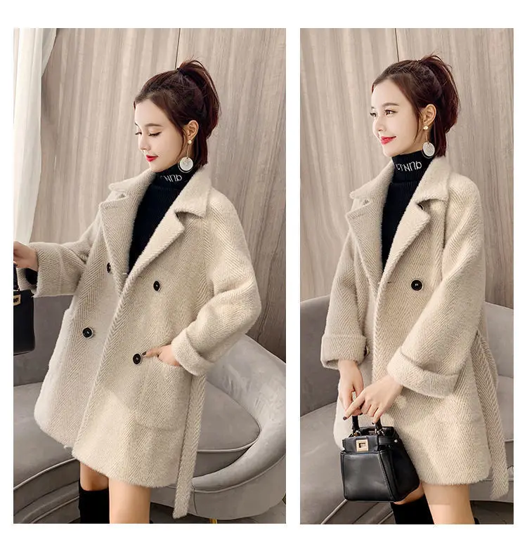 Autumn Winter New Thicken Imitation Mink Velvet Woolen Jacket 2024 Women Fashion Hepburn Style Wool Blend Coat Elegant Outwear