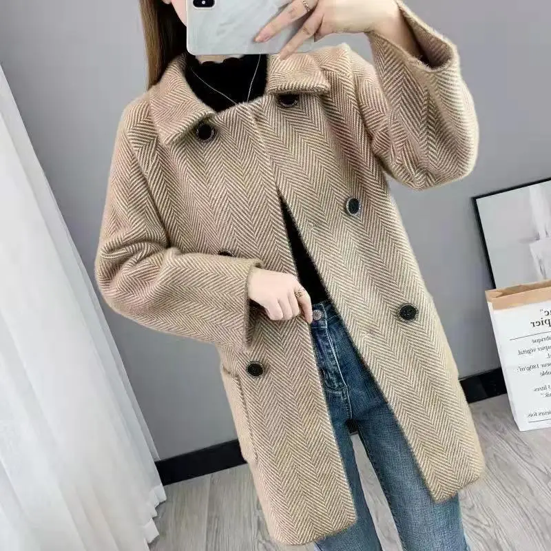 Autumn Winter New Thicken Imitation Mink Velvet Woolen Jacket 2024 Women Fashion Hepburn Style Wool Blend Coat Elegant Outwear
