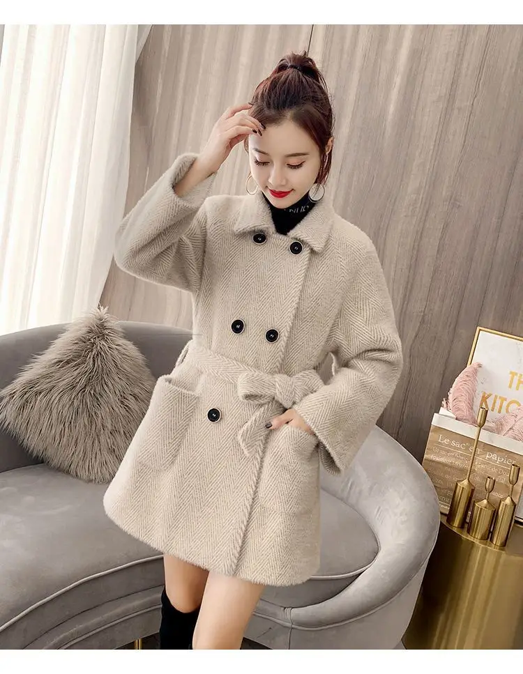 Autumn Winter New Thicken Imitation Mink Velvet Woolen Jacket 2024 Women Fashion Hepburn Style Wool Blend Coat Elegant Outwear