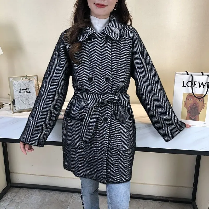 Autumn Winter New Thicken Imitation Mink Velvet Woolen Jacket 2024 Women Fashion Hepburn Style Wool Blend Coat Elegant Outwear