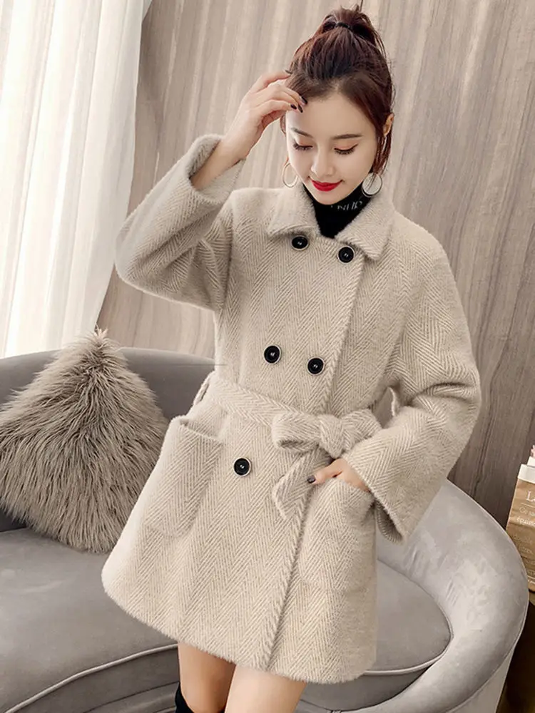 Autumn Winter New Thicken Imitation Mink Velvet Woolen Jacket 2024 Women Fashion Hepburn Style Wool Blend Coat Elegant Outwear