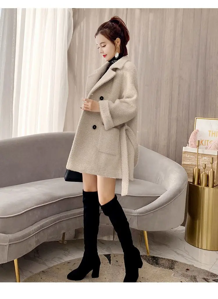 Autumn Winter New Thicken Imitation Mink Velvet Woolen Jacket 2024 Women Fashion Hepburn Style Wool Blend Coat Elegant Outwear