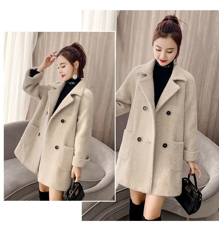 Autumn Winter New Thicken Imitation Mink Velvet Woolen Jacket 2024 Women Fashion Hepburn Style Wool Blend Coat Elegant Outwear