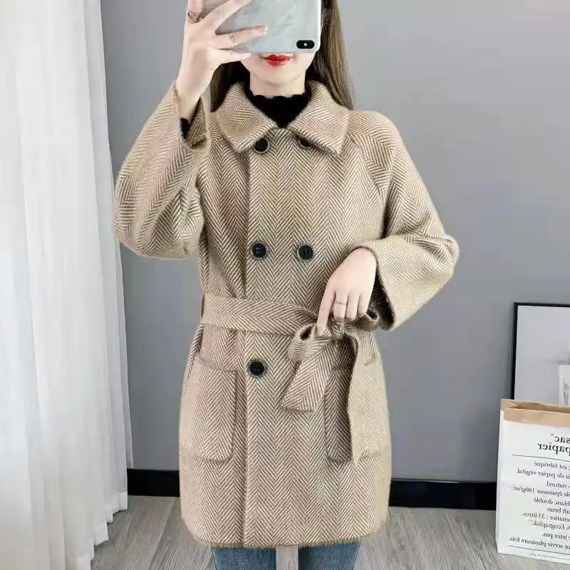 Autumn Winter New Thicken Imitation Mink Velvet Woolen Jacket 2024 Women Fashion Hepburn Style Wool Blend Coat Elegant Outwear