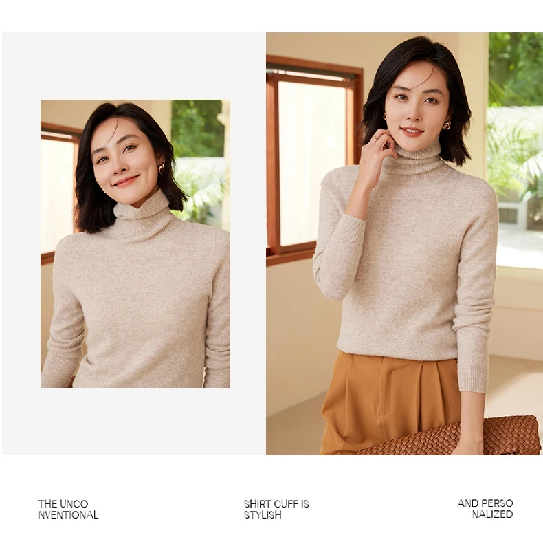 100% Merino Wool Women's Turtleneck Sweater Knit Women's Pullover Sweater 2023 Fall/Winter New Women's Warm Solid Sweater