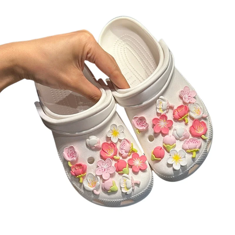 New Elegant Women DIY Hole Shoes Charms for Cute Sakura Shoes Accessories White Pink All-match Shoe Decorations Fashion Bundle