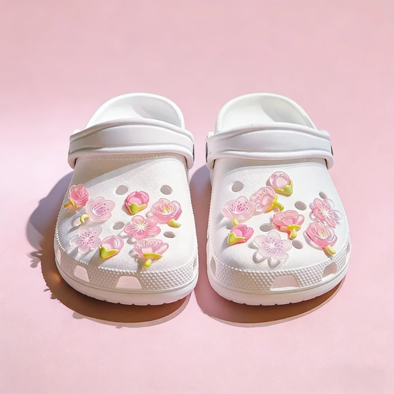 New Elegant Women DIY Hole Shoes Charms for Cute Sakura Shoes Accessories White Pink All-match Shoe Decorations Fashion Bundle
