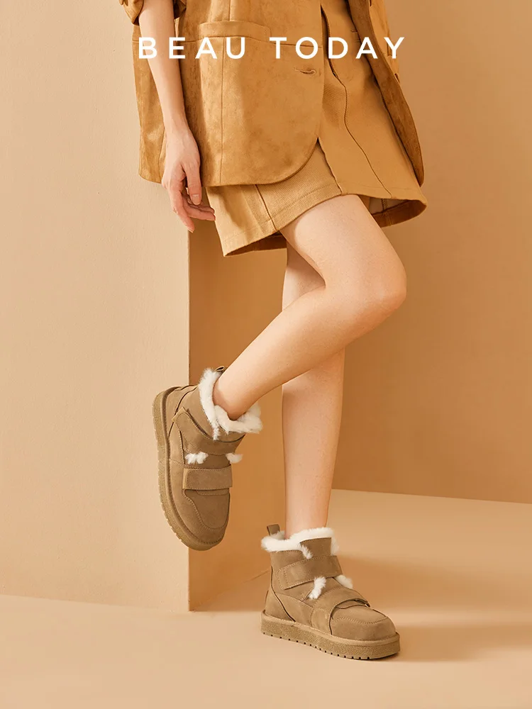 BEAUTODAY Snow Boots Women Cow Suede Furry Solid Color Round Toe Hook & Loop Flat With 2023 Winter Lasies Shoes Handmade 08042