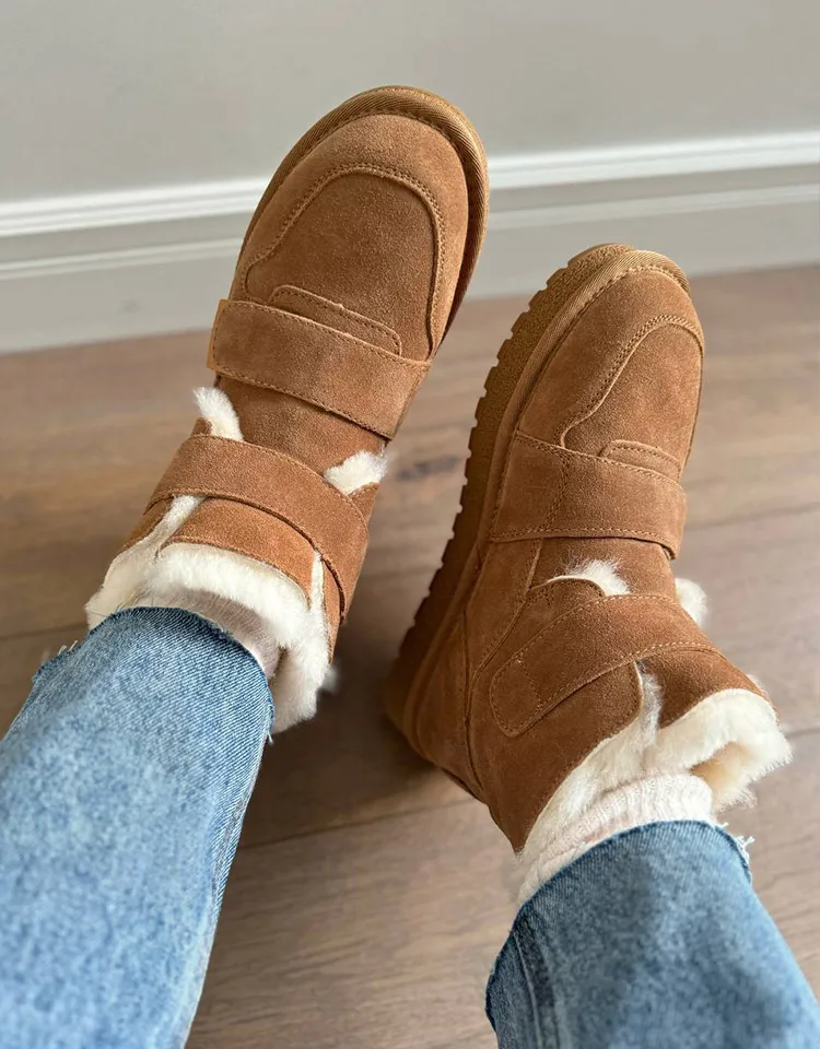 BEAUTODAY Snow Boots Women Cow Suede Furry Solid Color Round Toe Hook & Loop Flat With 2023 Winter Lasies Shoes Handmade 08042