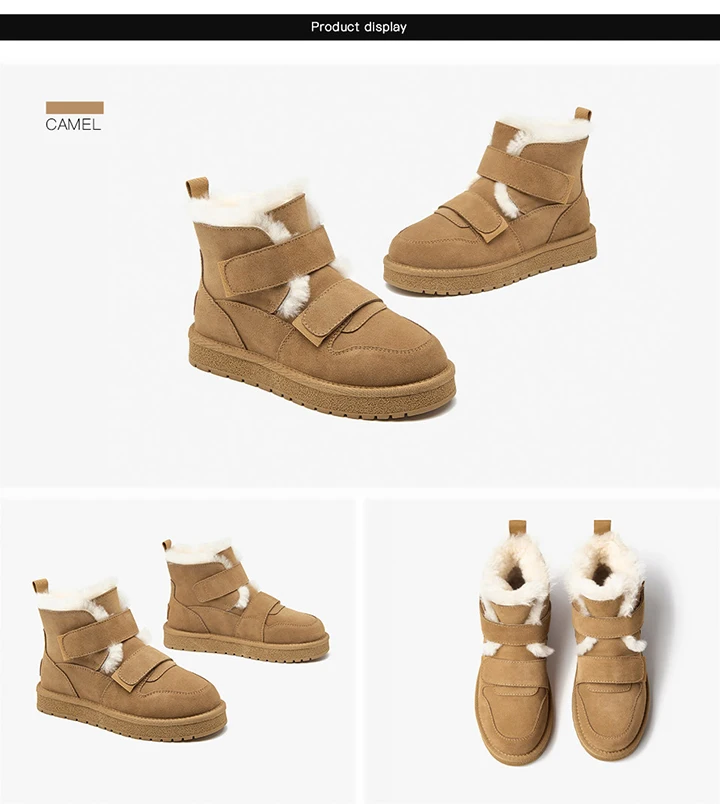 BEAUTODAY Snow Boots Women Cow Suede Furry Solid Color Round Toe Hook & Loop Flat With 2023 Winter Lasies Shoes Handmade 08042