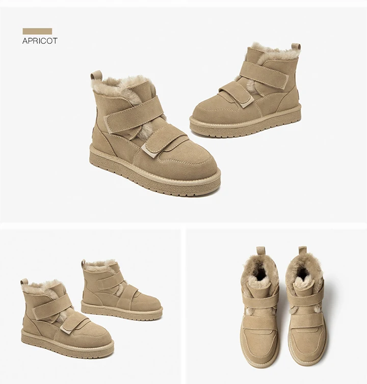 BEAUTODAY Snow Boots Women Cow Suede Furry Solid Color Round Toe Hook & Loop Flat With 2023 Winter Lasies Shoes Handmade 08042