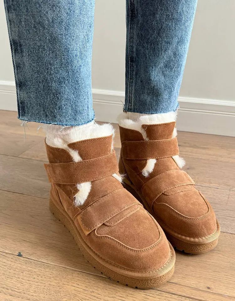BEAUTODAY Snow Boots Women Cow Suede Furry Solid Color Round Toe Hook & Loop Flat With 2023 Winter Lasies Shoes Handmade 08042