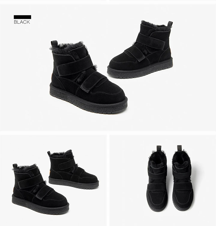 BEAUTODAY Snow Boots Women Cow Suede Furry Solid Color Round Toe Hook & Loop Flat With 2023 Winter Lasies Shoes Handmade 08042