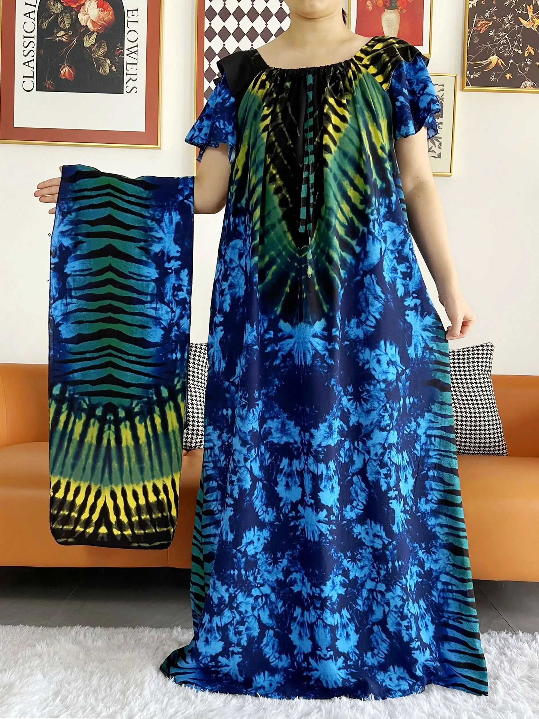 Free Size Summer African Lady Short Sleeve Loose Dress Tie-dyed Craft Boat-Neck Floral Boubou Maxi Islam Women African Clothes