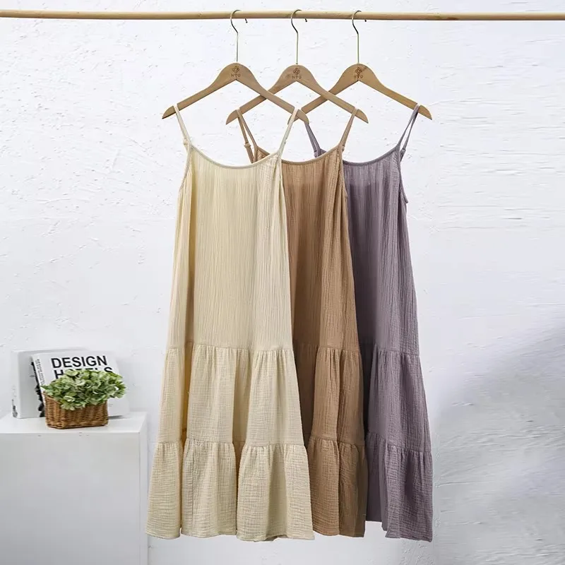 Muslin 100% Cotton Gauze Elegant And Pretty Women's Dresses Sexy V-Neck Sleeveless Ruffles Chic Dress Holiday Beach Sundress
