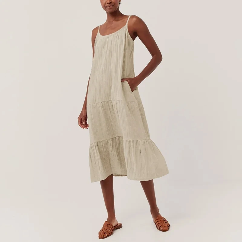 Muslin 100% Cotton Gauze Elegant And Pretty Women's Dresses Sexy V-Neck Sleeveless Ruffles Chic Dress Holiday Beach Sundress