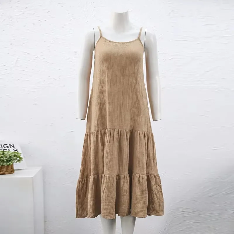 Muslin 100% Cotton Gauze Elegant And Pretty Women's Dresses Sexy V-Neck Sleeveless Ruffles Chic Dress Holiday Beach Sundress