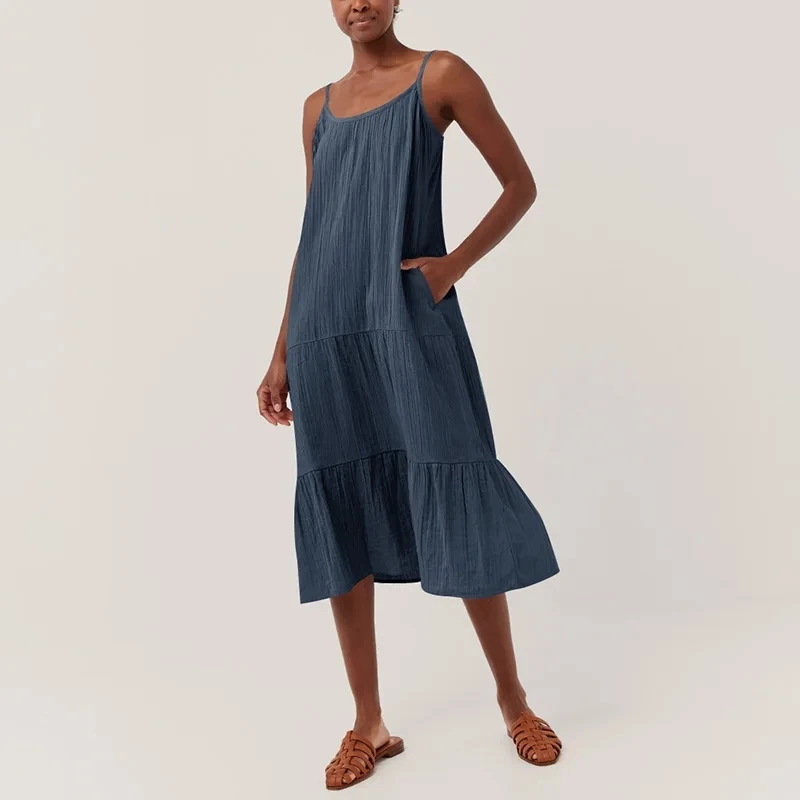 Muslin 100% Cotton Gauze Elegant And Pretty Women's Dresses Sexy V-Neck Sleeveless Ruffles Chic Dress Holiday Beach Sundress