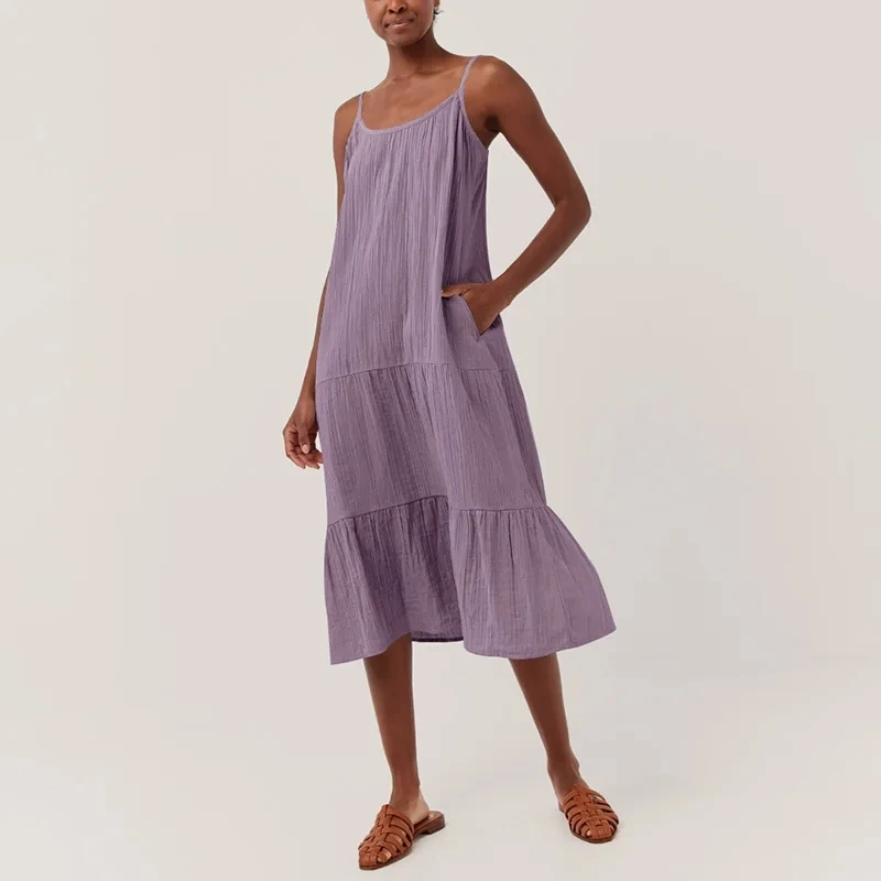 Muslin 100% Cotton Gauze Elegant And Pretty Women's Dresses Sexy V-Neck Sleeveless Ruffles Chic Dress Holiday Beach Sundress