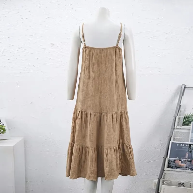 Muslin 100% Cotton Gauze Elegant And Pretty Women's Dresses Sexy V-Neck Sleeveless Ruffles Chic Dress Holiday Beach Sundress