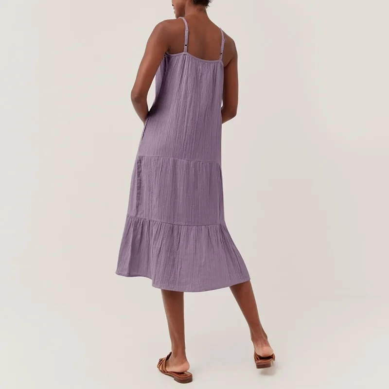 Muslin 100% Cotton Gauze Elegant And Pretty Women's Dresses Sexy V-Neck Sleeveless Ruffles Chic Dress Holiday Beach Sundress