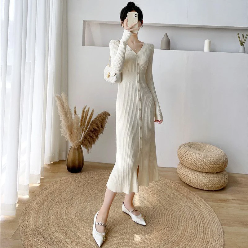Lucyever Elegant Knitted Long Dress for Women Korean Chic Buttons Slim Fit Midi Dresses Female Streetwear V Neck Party Vestidos