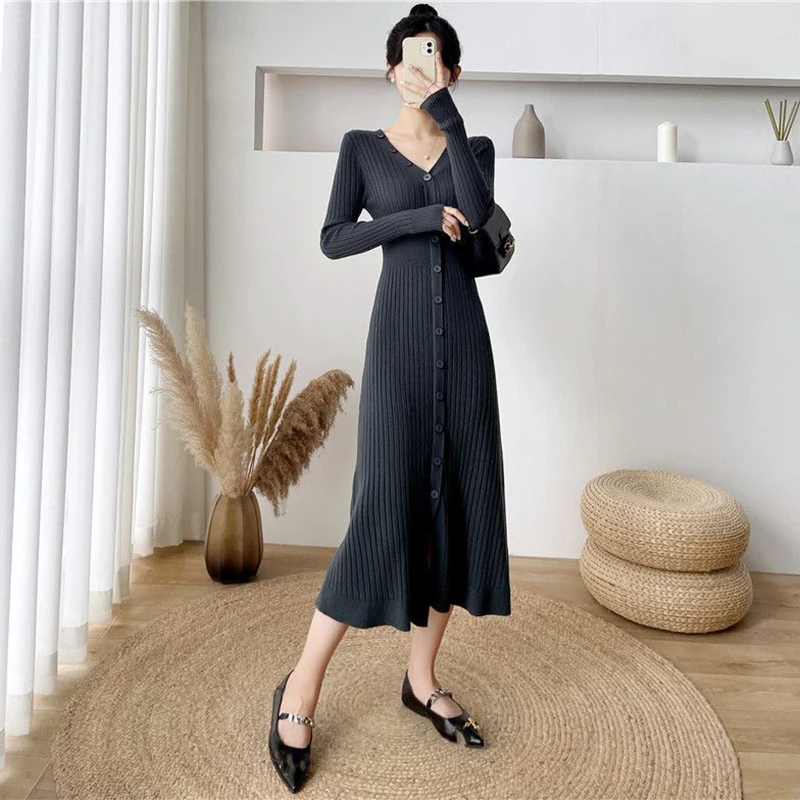 Lucyever Elegant Knitted Long Dress for Women Korean Chic Buttons Slim Fit Midi Dresses Female Streetwear V Neck Party Vestidos