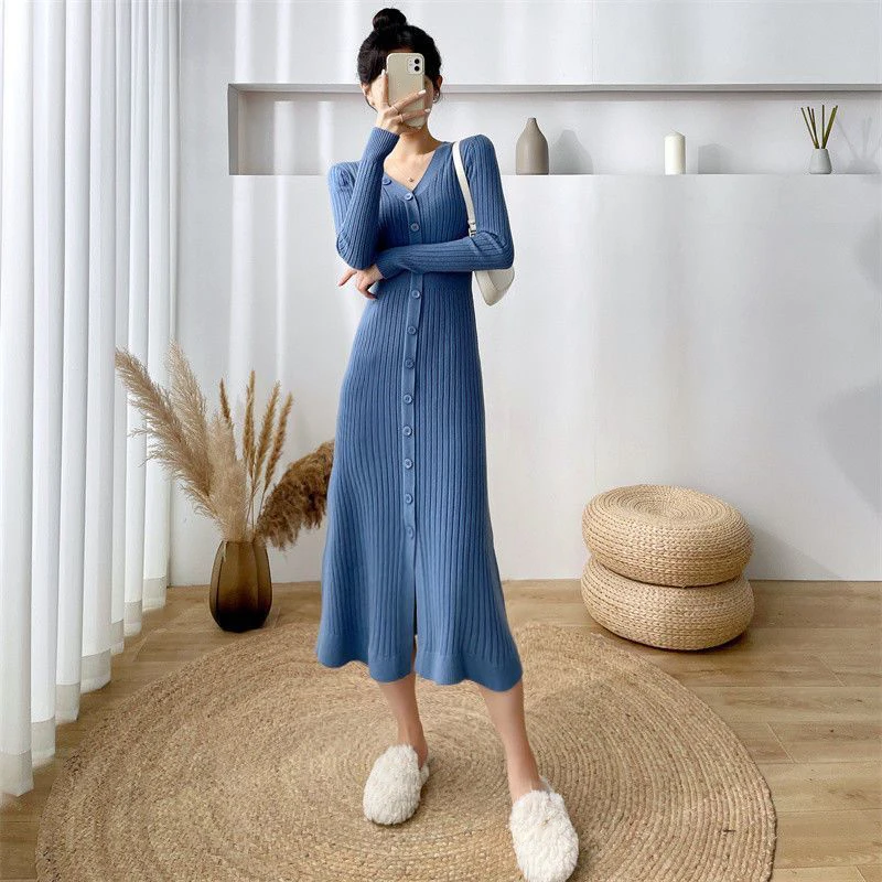 Lucyever Elegant Knitted Long Dress for Women Korean Chic Buttons Slim Fit Midi Dresses Female Streetwear V Neck Party Vestidos