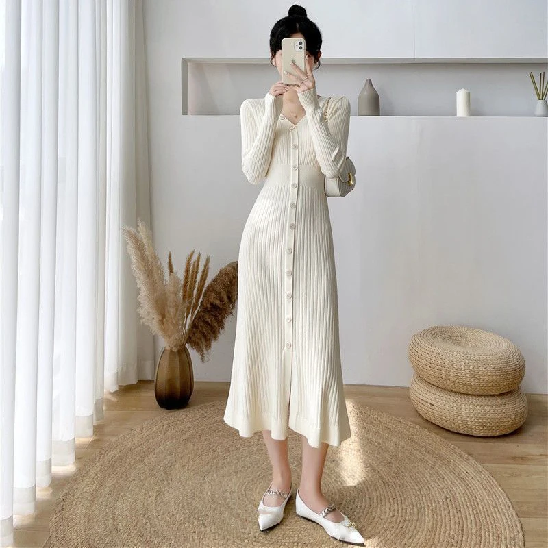 Lucyever Elegant Knitted Long Dress for Women Korean Chic Buttons Slim Fit Midi Dresses Female Streetwear V Neck Party Vestidos
