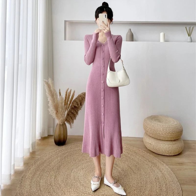 Lucyever Elegant Knitted Long Dress for Women Korean Chic Buttons Slim Fit Midi Dresses Female Streetwear V Neck Party Vestidos