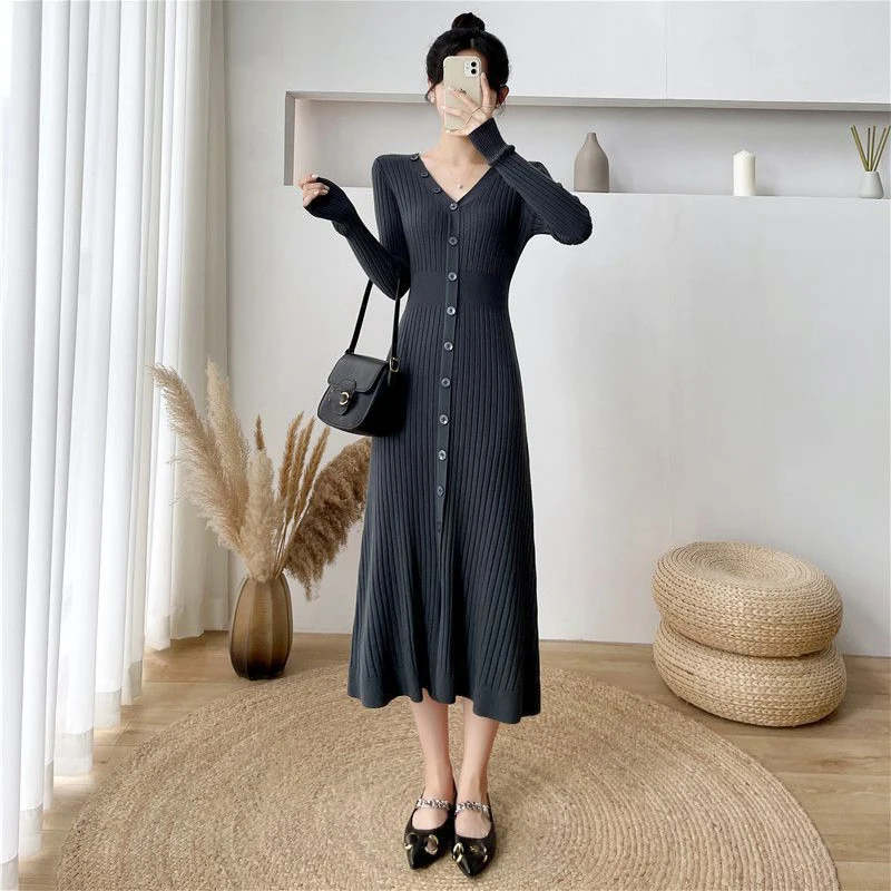 Lucyever Elegant Knitted Long Dress for Women Korean Chic Buttons Slim Fit Midi Dresses Female Streetwear V Neck Party Vestidos