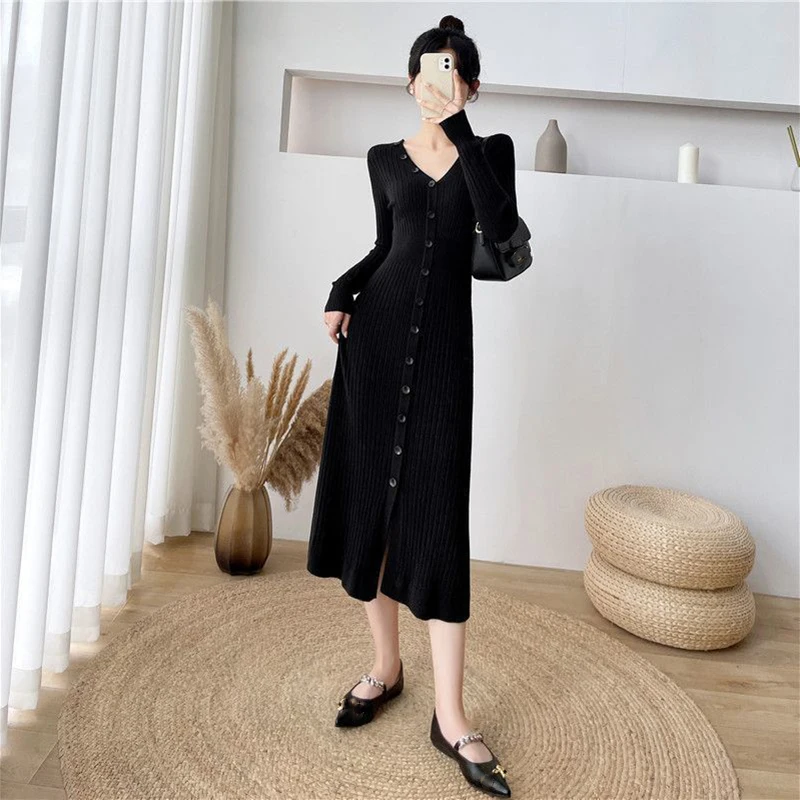 Lucyever Elegant Knitted Long Dress for Women Korean Chic Buttons Slim Fit Midi Dresses Female Streetwear V Neck Party Vestidos