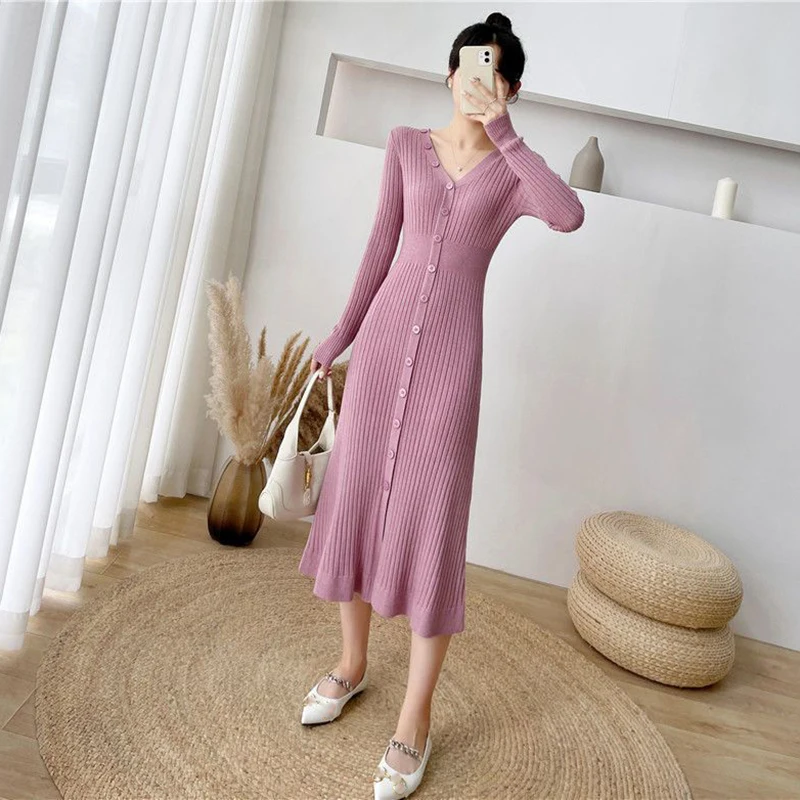 Lucyever Elegant Knitted Long Dress for Women Korean Chic Buttons Slim Fit Midi Dresses Female Streetwear V Neck Party Vestidos