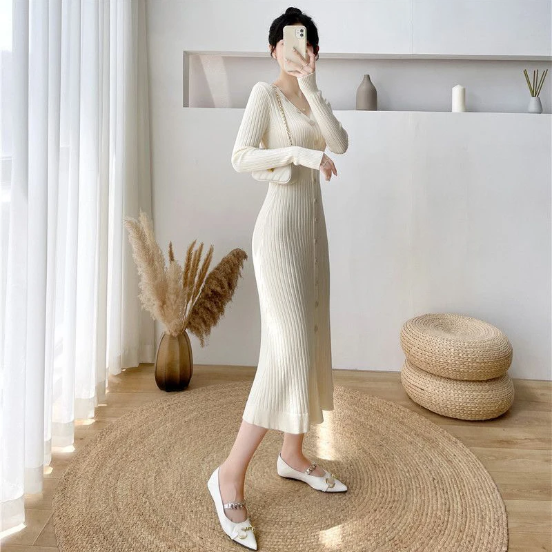 Lucyever Elegant Knitted Long Dress for Women Korean Chic Buttons Slim Fit Midi Dresses Female Streetwear V Neck Party Vestidos