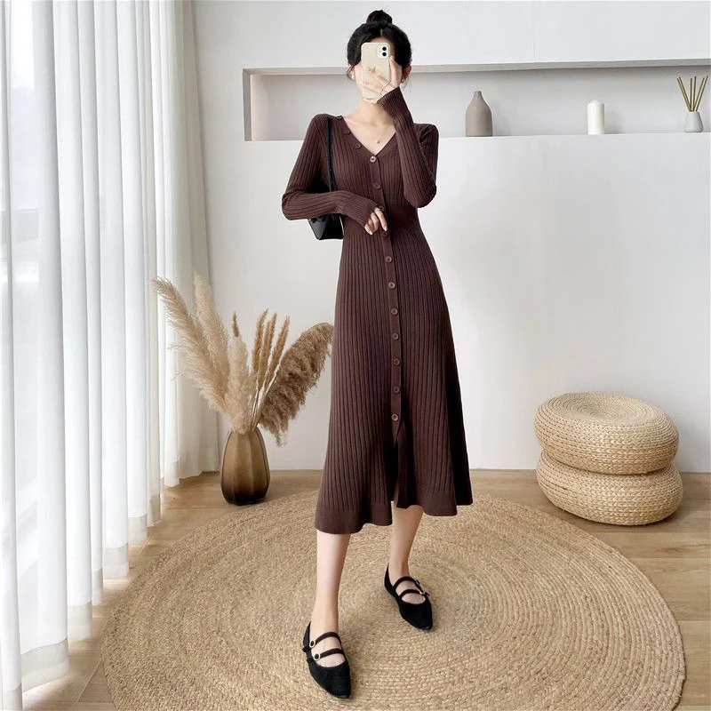 Lucyever Elegant Knitted Long Dress for Women Korean Chic Buttons Slim Fit Midi Dresses Female Streetwear V Neck Party Vestidos