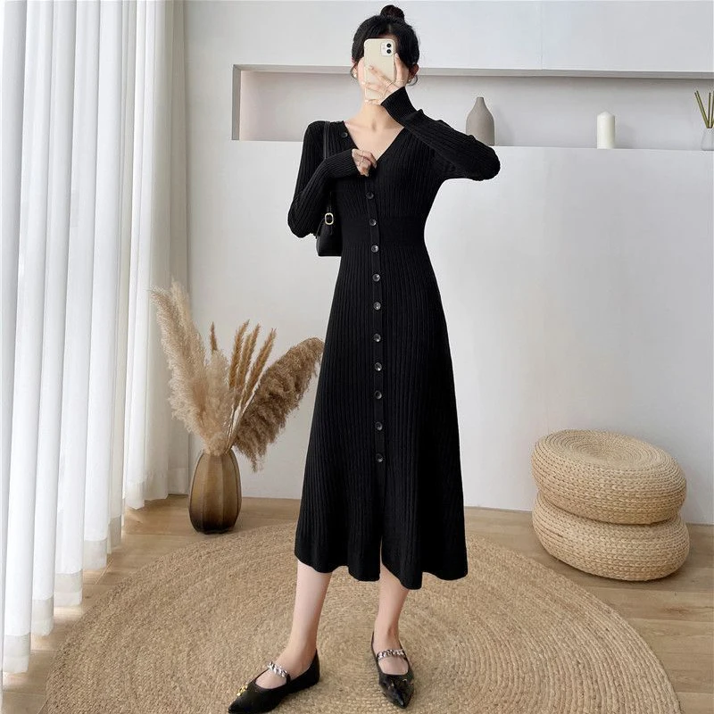 Lucyever Elegant Knitted Long Dress for Women Korean Chic Buttons Slim Fit Midi Dresses Female Streetwear V Neck Party Vestidos