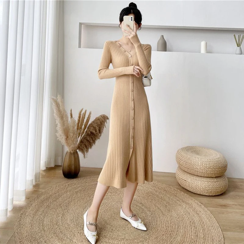 Lucyever Elegant Knitted Long Dress for Women Korean Chic Buttons Slim Fit Midi Dresses Female Streetwear V Neck Party Vestidos