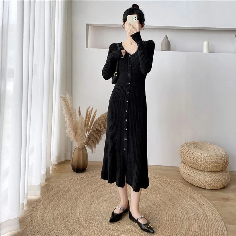 Lucyever Elegant Knitted Long Dress for Women Korean Chic Buttons Slim Fit Midi Dresses Female Streetwear V Neck Party Vestidos