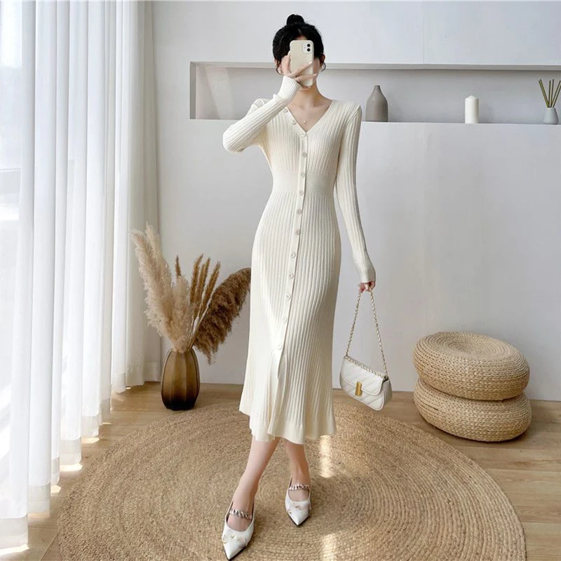 Lucyever Elegant Knitted Long Dress for Women Korean Chic Buttons Slim Fit Midi Dresses Female Streetwear V Neck Party Vestidos